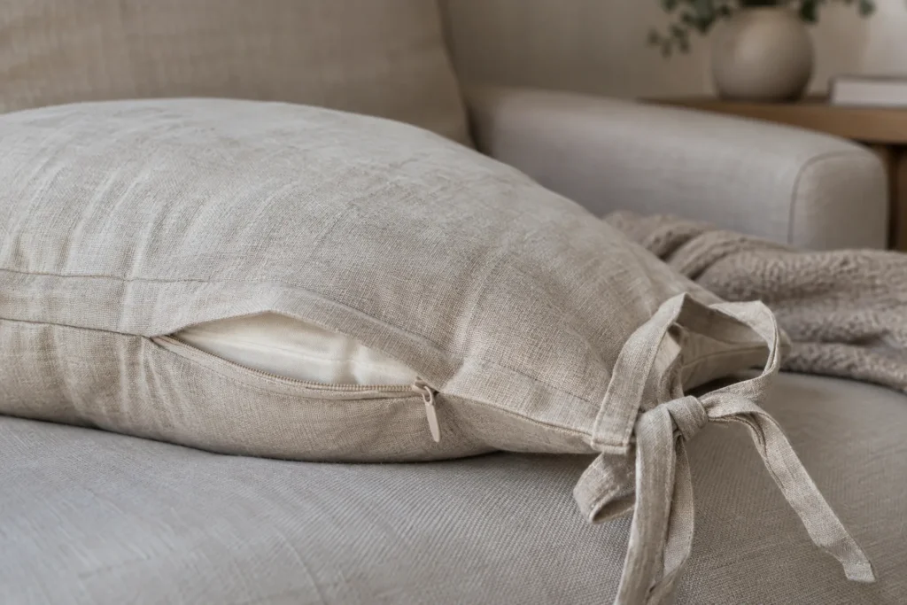 Coussin en lin naturel posé sur un canapé, avec des liens textiles et une fermeture de housse visibles.