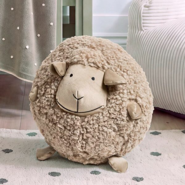 Coussin LOBERON Puki rond en mouton bouclé, avec visage brodé et petites pattes