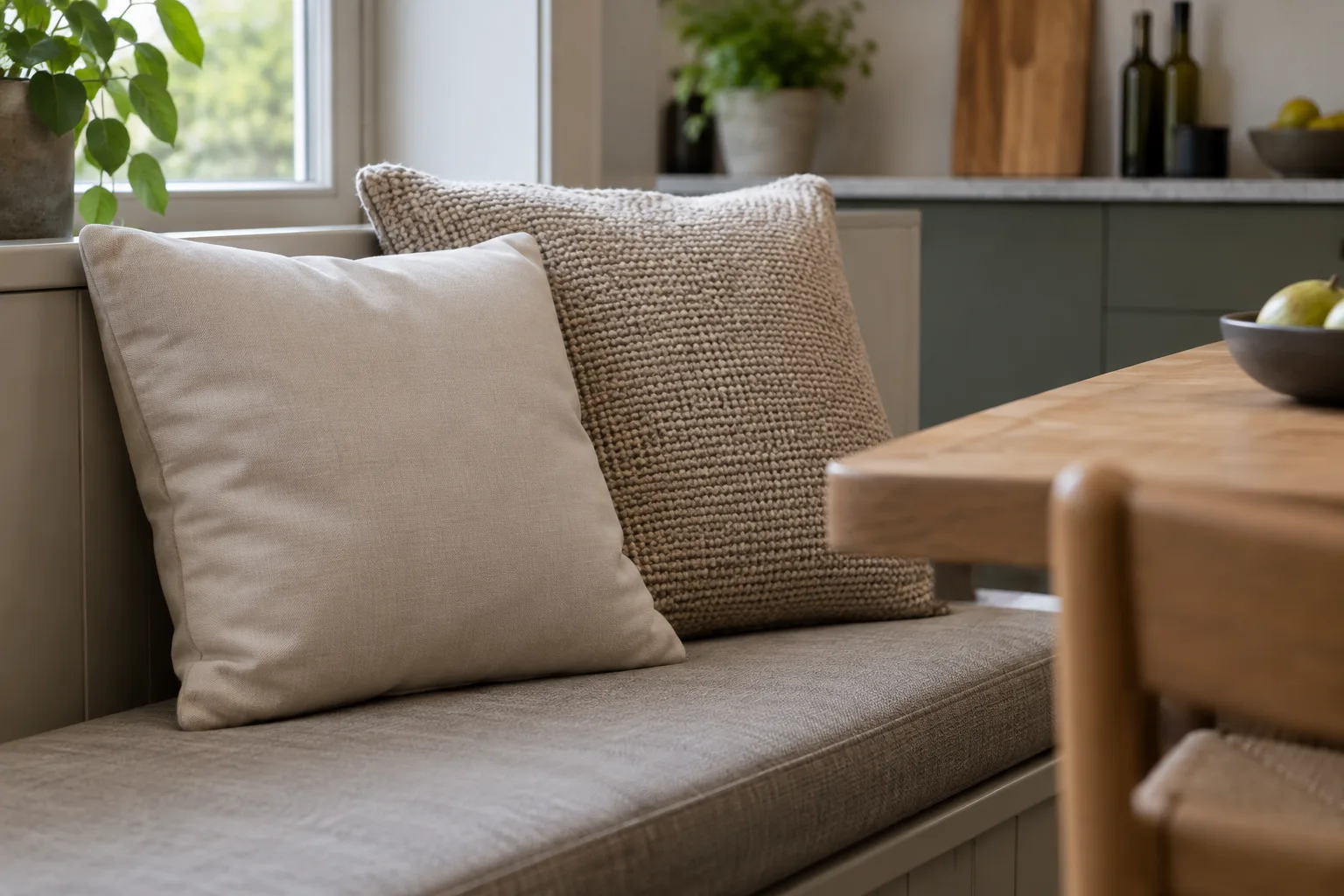 Deux coussins de banquette de cuisine présentent des tissus de grains différents.