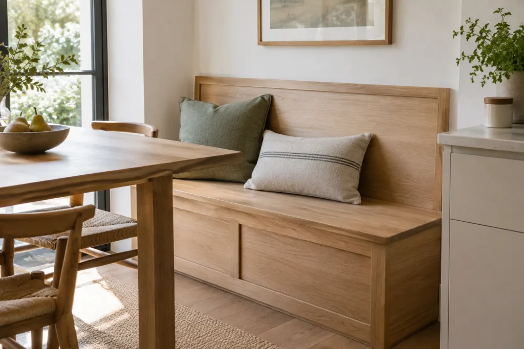Banquette de cuisine en bois clair accompagnée de deux coussins près d’une table.