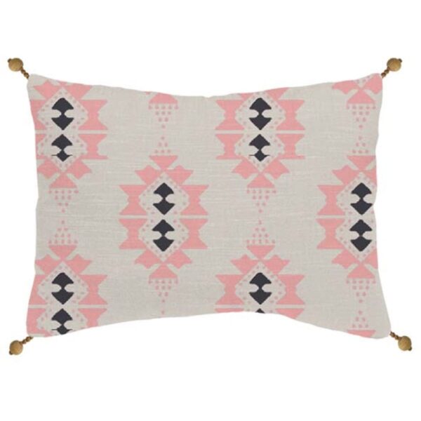 Coussin Future Home Ethno blanc à motifs roses et noirs avec pompons