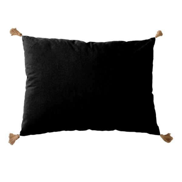 Coussin Enjoy Home à pompons noirs, rectangulaire avec quatre détails en jute