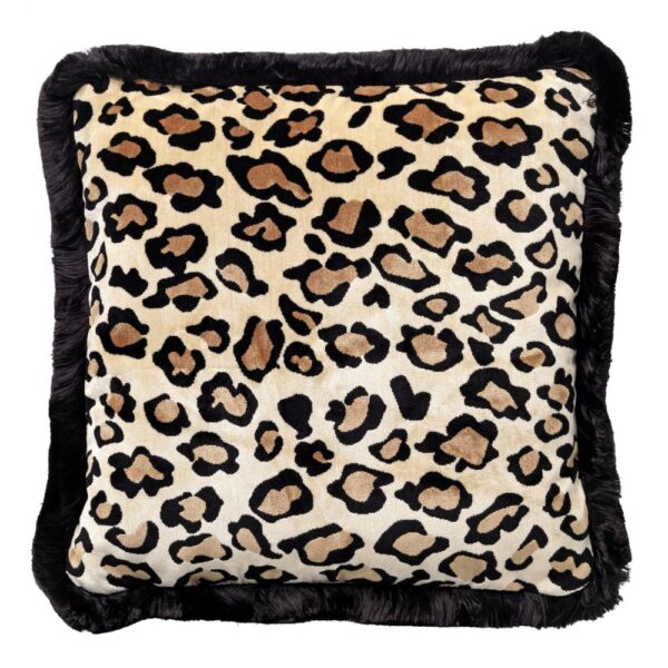 Coussin Hoii Evita beige et marron à motif panthère et double frange