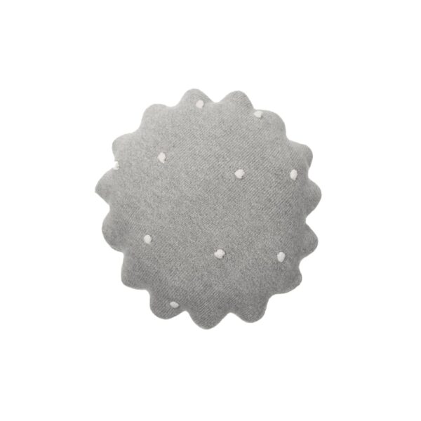 Coussin biscuit Lorena Canals rond en tricot gris clair à pois ivoire