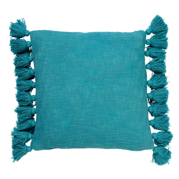 Coussin Dutch Decor Ruby bleu uni avec pompons et fermeture éclair assortie