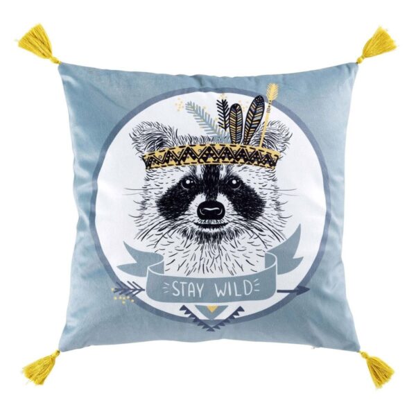Coussin Douceur d’Intérieur Filou bleu carré à imprimé graphique et pompons