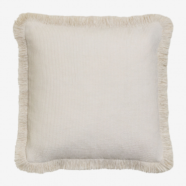 Coussin Kirwen Sklum blanc carré en coton gaufré avec franges.