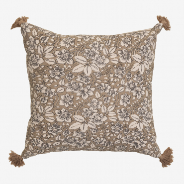 Coussin Odilon Sklum carré beige lin à imprimé floral en coton