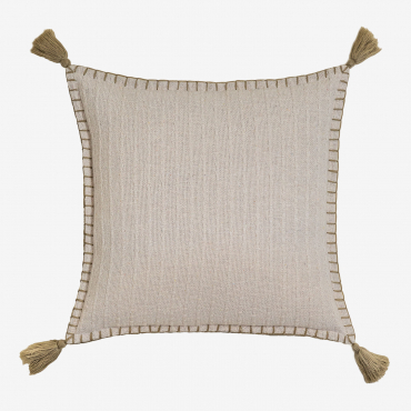 Coussin Gautier Sklum carré beige lin avec pompons aux quatre angles