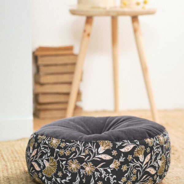 Coussin Today Indies rond, velours anthracite, revers bronze et tour fleuri
