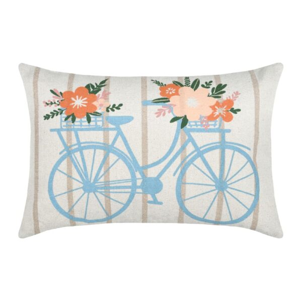Coussin Home Maison vélo fleuri bleu à rayures, format rectangulaire en coton