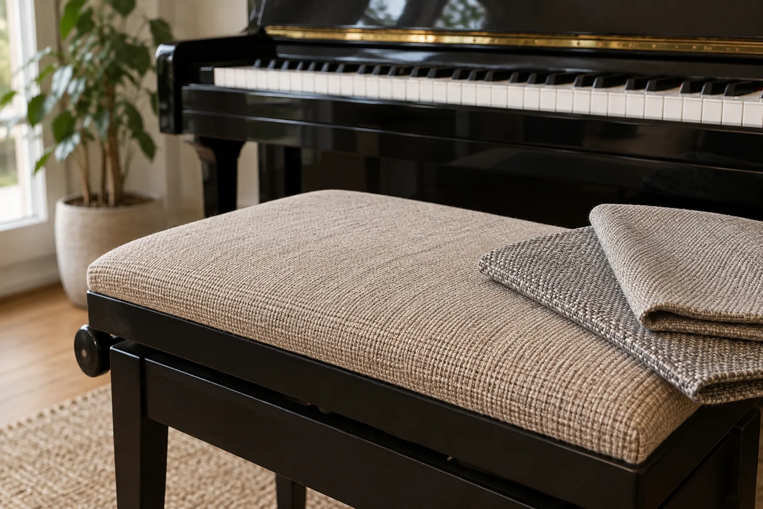 Détail d’un coussin en tissu texturé sur une banquette de piano, avec un échantillon textile posé à côté.