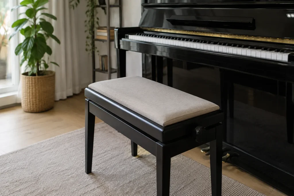 Coussin rectangulaire fin posé sur une banquette devant un piano droit.