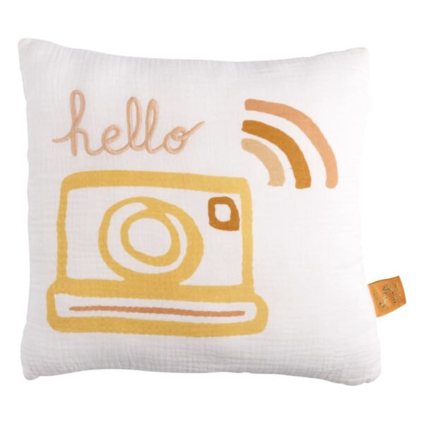 Coussin déco carré Sauthon blanc en mousseline de coton avec motif appareil photo