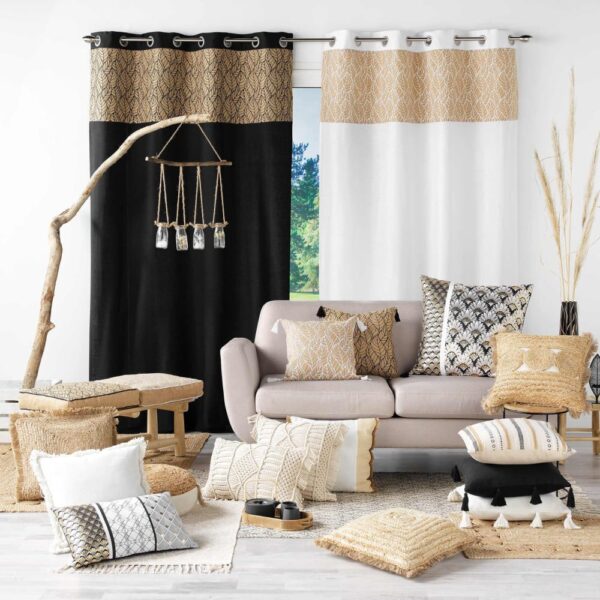 Coussin Home Maison macramé carré beige, recto texturé et franges latérales