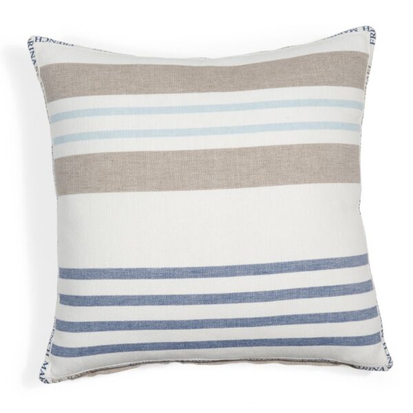 Coussin rayé Maisons du Monde en coton aux lignes tissées blanches, bleues et taupe