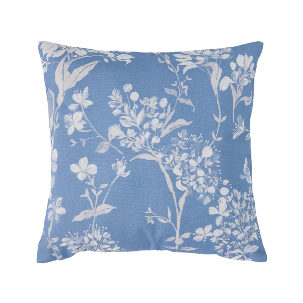 Coussin CAMIF Passerage carré bleu à motif floral sur les deux faces