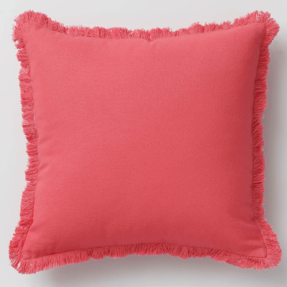 Coussin en coton Becquet orange corail carré à franges, format 40 x 40 cm — vue 2