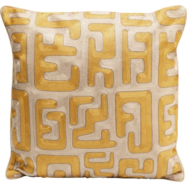 Coussin en coton Kare Design taupe et jaune, motif graphique en relief