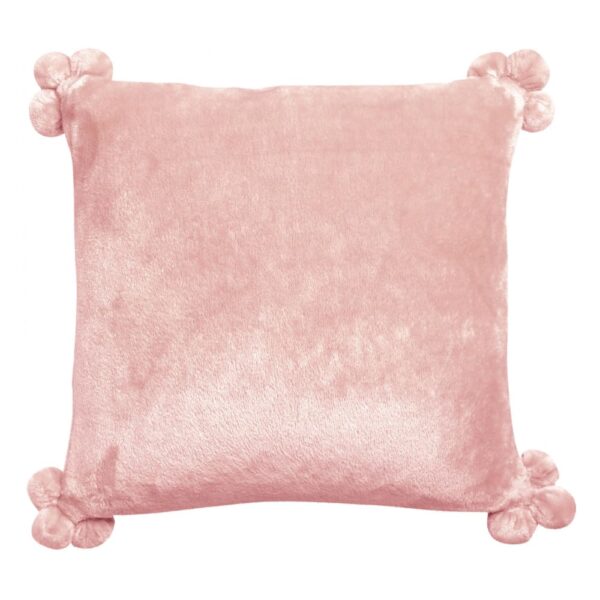 Coussin Vivaraise Tender Pompons rose carré avec quatre pompons en imitation fourrure