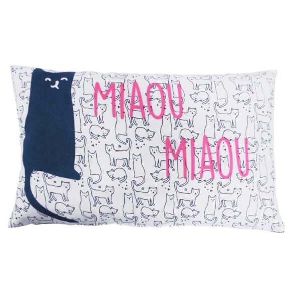 Coussin enfant Future Home blanc, chat imprimé devant et verso bleu