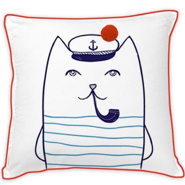 Coussin chat capitaine Future Home blanc avec motif marin et pompon