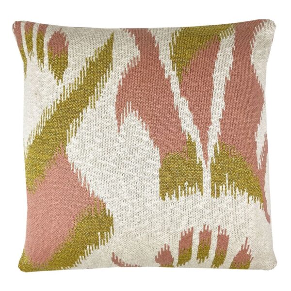 Coussin ikat tricoté Malagoon rose, carré, à motif graphique en maille