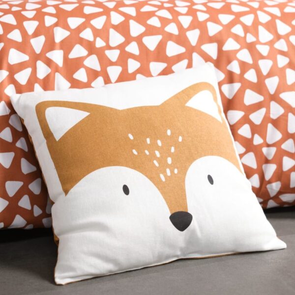 Coussin Funny Today carré en coton avec renard imprimé et revers rose uni