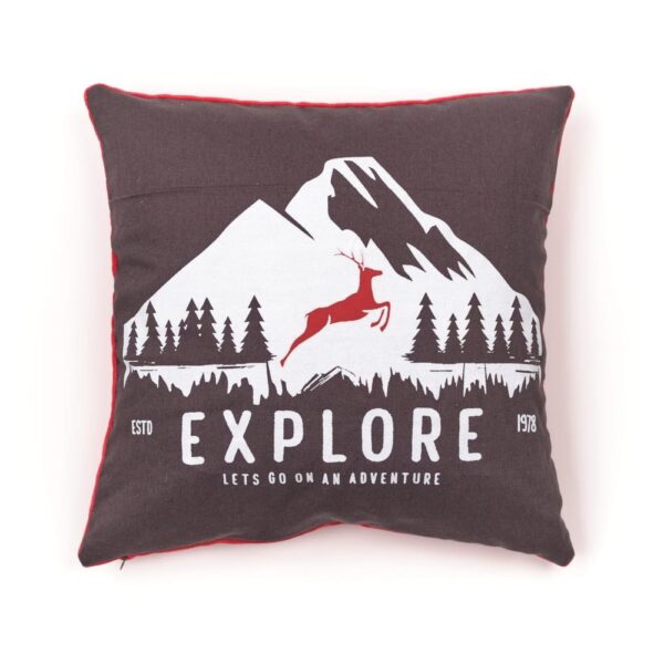 Coussin Explore Today carré gris avec face imprimée et revers rouge en velours