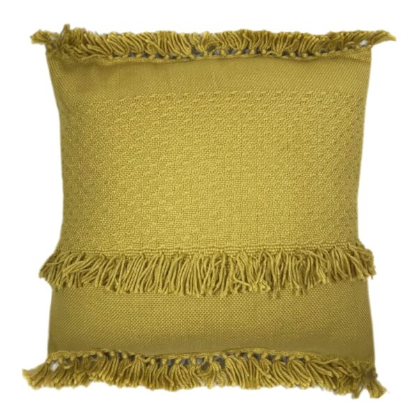 Coussin Malagoon jaune moutarde présenté avec ses dimensions annoncées