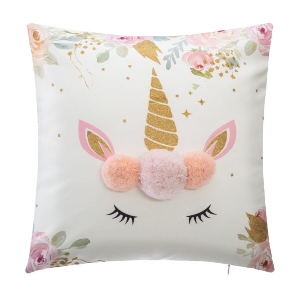 Coussin licorne Decoratie blanc carré avec motif doré et pompons décoratifs