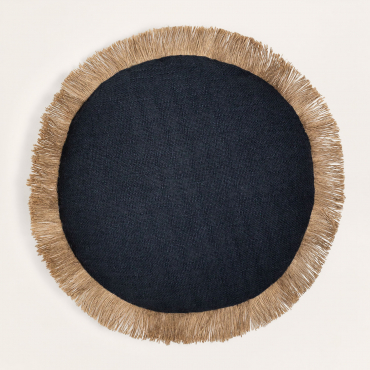 Coussin rond Paraiba noir et beige en coton avec franges décoratives