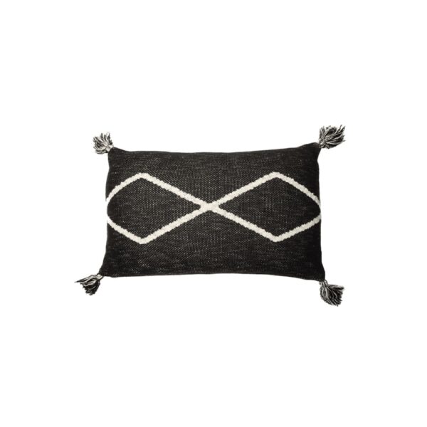 Coussin tricoté Lorena Canals noir à losanges naturels et pompons