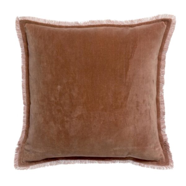 Coussin Fara Vivaraise en velours de coton bois de rose, carré et frangé