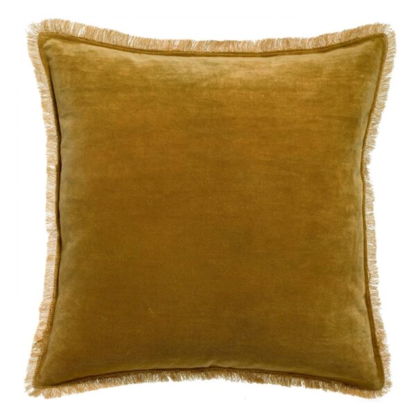 Coussin Fara Vivaraise carré jaune en velours de coton avec franges