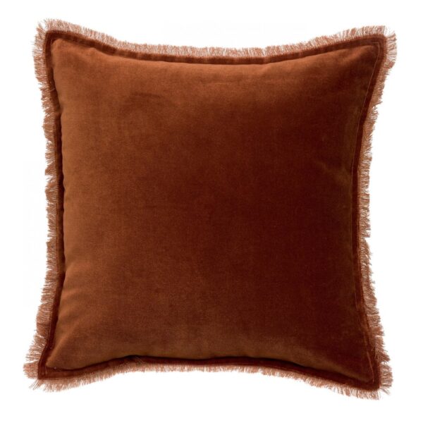 Coussin Fara Vivaraise carré caramel en velours de coton avec franges