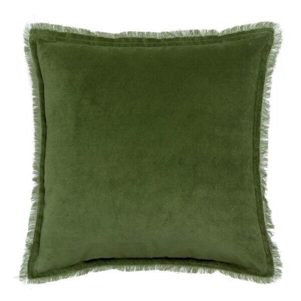 Coussin Fara Vivaraise vert uni en velours de coton avec franges