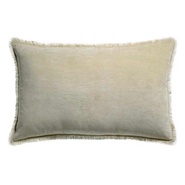 Coussin Fara Vivaraise beige uni en velours de coton à franges