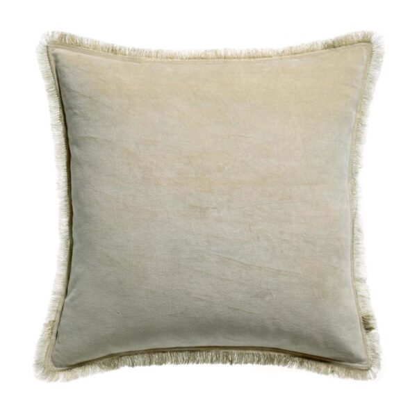 Coussin uni Fara Vivaraise beige carré en velours de coton avec franges