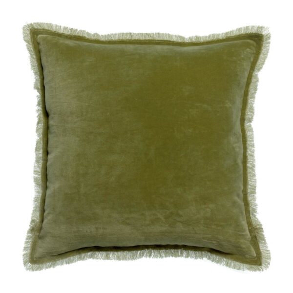 Coussin Fara Vivaraise carré vert olive en velours de coton avec franges