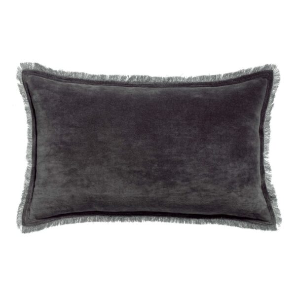 Coussin Fara Vivaraise gris uni en velours de coton avec franges