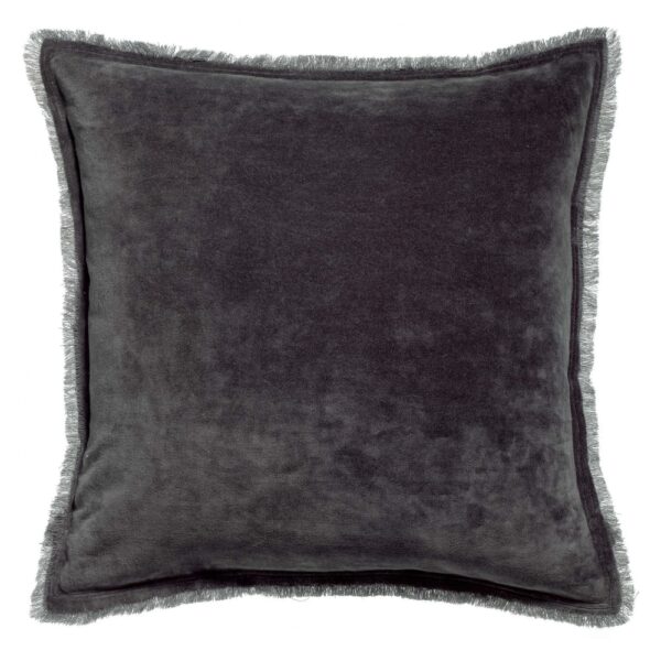 Coussin Vivaraise Fara gris en velours de coton avec franges