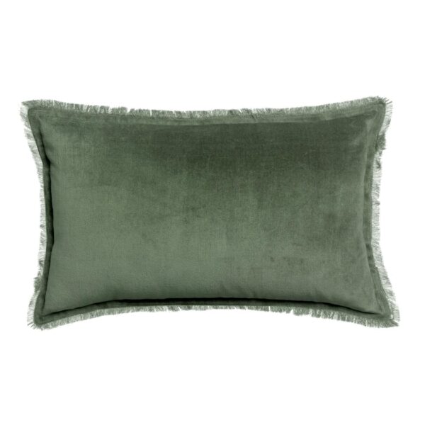 Coussin Fara Vivaraise vert uni en velours de coton avec franges