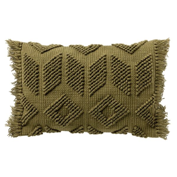 Coussin Dutch Decor Odin vert, rectangulaire, à motif tufté et franges latérales