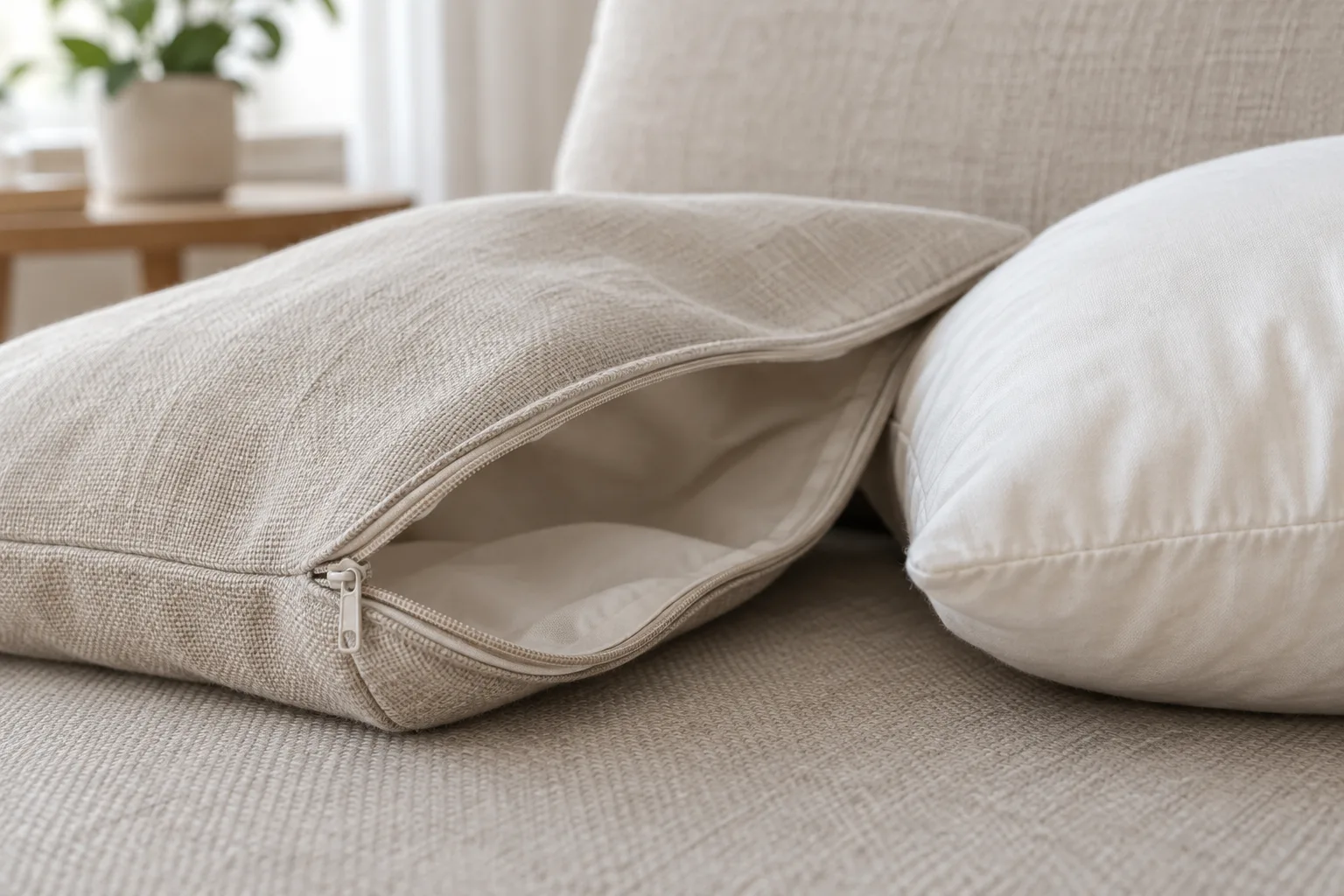 Détail d’une housse de coussin ouverte montrant son tissage, ses coutures et sa fermeture.