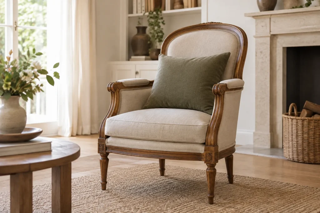Fauteuil ancien en bois avec un coussin uni posé sur l’assise, dans un salon clair.