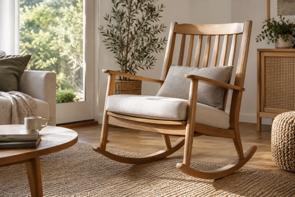 Fauteuil à bascule en bois clair garni d’un coussin uni ajusté à son assise courbe.
