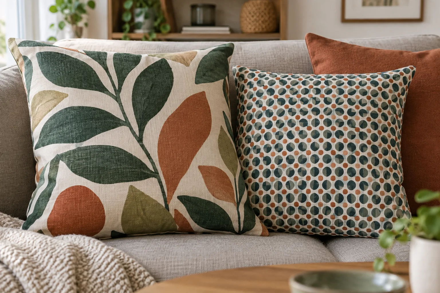 Un coussin à grand motif végétal côtoie un coussin au semis géométrique plus fin.