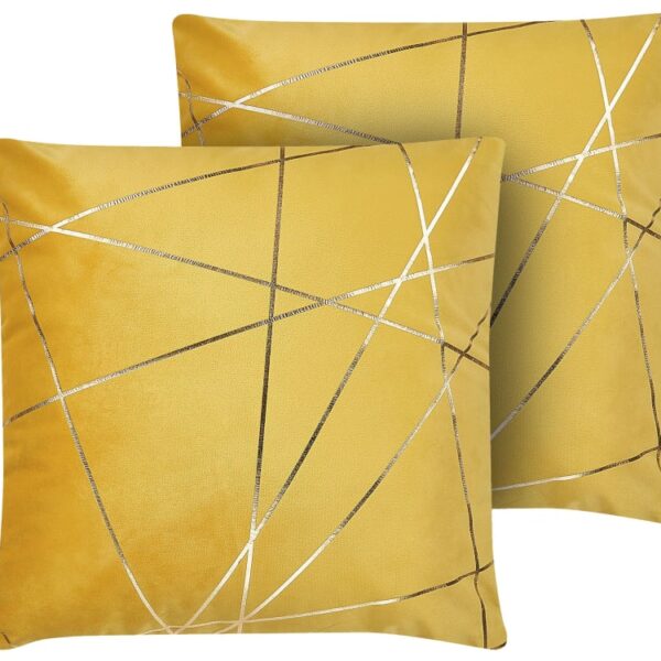 Coussins décoratifs Beliani jaunes en velours avec motif géométrique doré