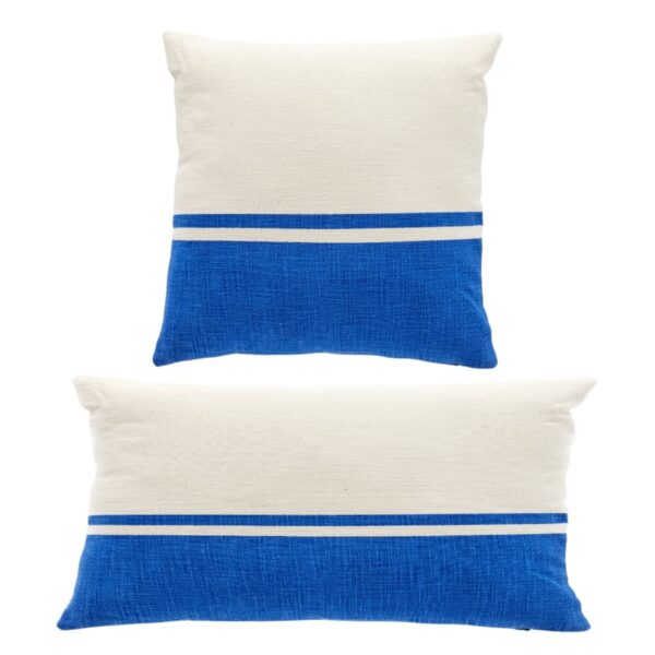 Coussins Today Summer bicolores bleus, carré et rectangulaire, aux housses déhoussables.